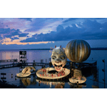 Image of Pfaff-silberblau BETA moving the collar of the Rigoletto on the lake stage at the Bregenz Festival