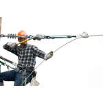 Electric Lineman on a pole using Little Mule Lineman's Strap Hoist and Wire Grips