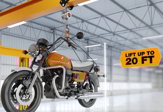 Animated video thumbnail showing the mini chain hoist, CM Hurricane Mini 360, lifting a motorcycle up to 20 feet.