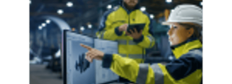 Image of Two People in Safety Vests and Hard Hats looking at a computer