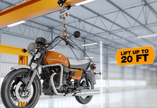 Animated video thumbnail showing the mini chain hoist, CM Hurricane Mini 360, lifting a motorcycle up to 20 feet.